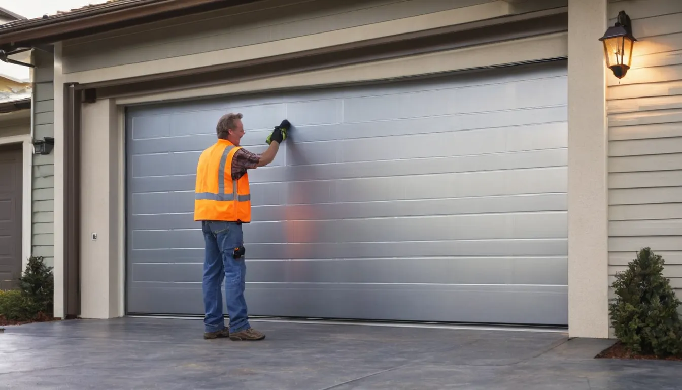 Installer fitting a new insulated garage door on a home in Cleveland